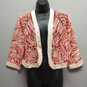 Chico's Crochet Open Knit Cardigan Coral Boho Artsy Cotton 3/4 Sleeve Sweater 2‎